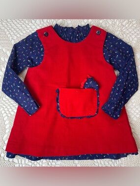 Vintage 1980s Pocket Pals Girls 3t Red Corduroy Pocket Toy Horse Dress Set